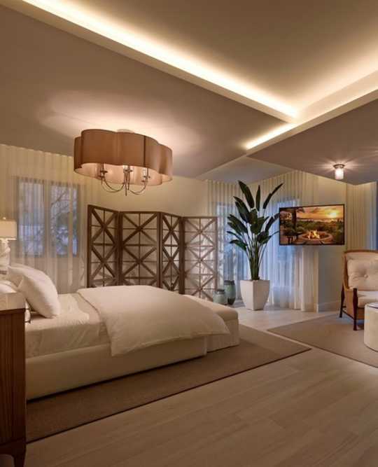 Многоуровневые потолки из гипсокартона со скрытой подсветкой для спальни